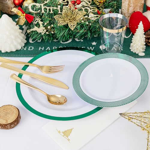 Ciaell 175PCS Christmas Plastic Party Plates Set - White & Green, Green Grid Variation