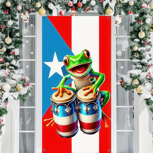 BlissYard Puerto Rico Door Cover 35x71 Inch Frog Drum Banner