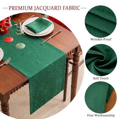 Joyfol Day Christmas Table Runner Waterproof Jacquard Poinsettia 14x36 Inch - Green