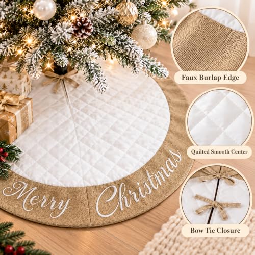 48-Inch White Quilted Cotton Christmas Tree Skirt with Burlap Decor