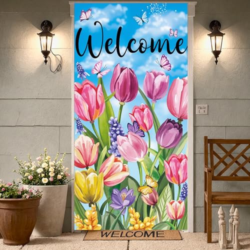 Spring Floral Welcome Door Banner - Tulip & Butterfly Porch Decor 35.4x70.9"