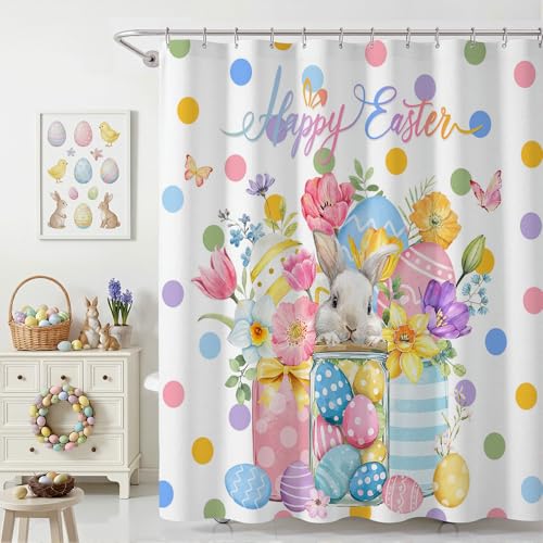 Easter Shower Curtain 72x72 Inch - Cute Bunny & Colorful Eggs
