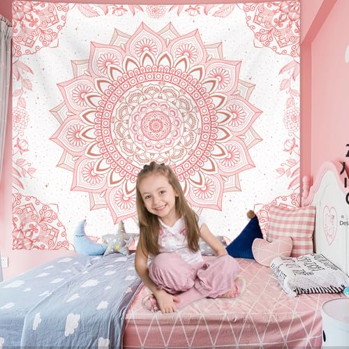 Pink Boho Mandala Wall Tapestry - 60" x 51" Bohemian Floral Decor