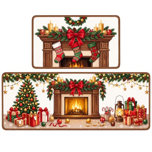 Christmas Fireplace Kitchen Mat Set of 2 Non Slip Rugs - Holiday Decor