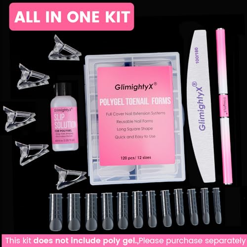 GlimightyX Polygel Toenail Forms Kit - 120 Reusable Square Dual Nail Molds with Brush and Clips