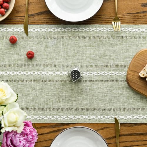 Artoid Mode Sage Green Embroidered Table Runner, 13x36 Inch Cotton Blend