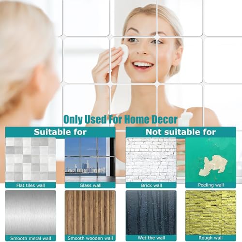 Self-Adhesive Acrylic Mirror Tiles - 6 Pack, 8" x 8" for Home Decor