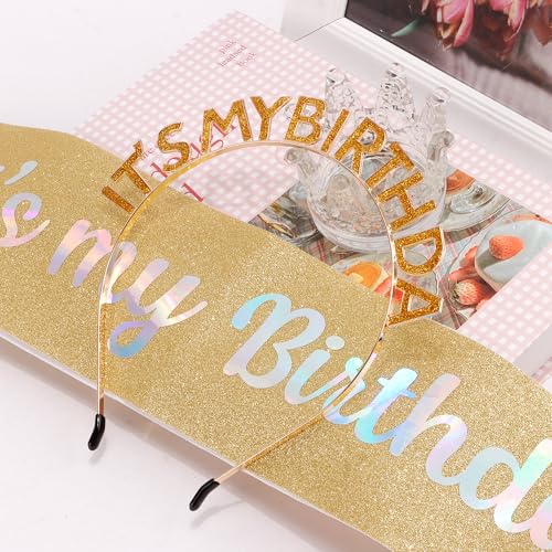 AOPRIE Gold Pink Birthday Tiara and Sash Set for Women & Girls - 2 Pack