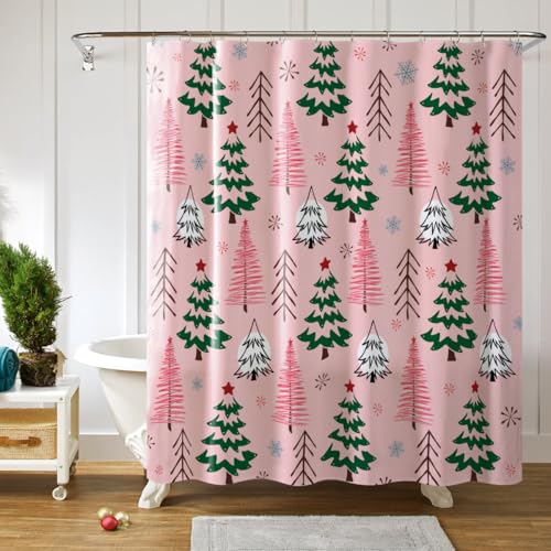 MelonBoat Christmas Shower Curtain, Pink Xmas Tree Fabric Bath Curtain 72x72