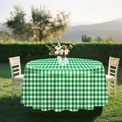 Green and White Checkered Round Tablecloth 84 Inch Pack of 2 - Disposable Picnic & Party Cover
