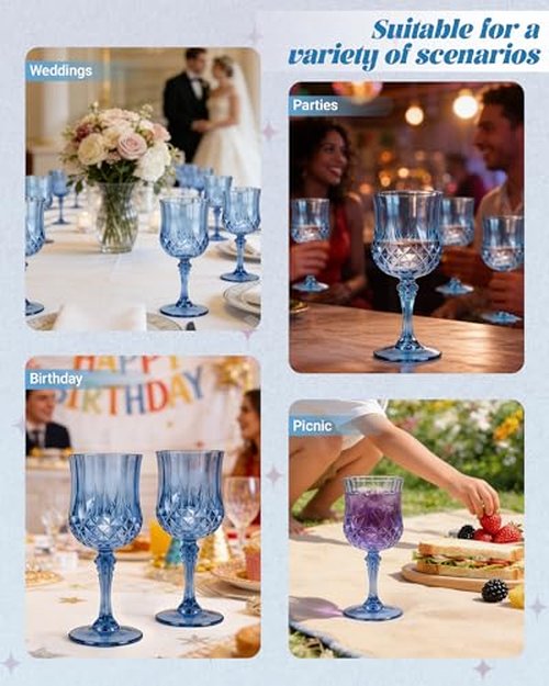 SDBALLBZ Plastic Wine Glasses Set, 7oz Vintage Goblets Shatterproof Unbreakable Reusable & Disposable, Drinking Glasses with Stem, for Wedding Outdoor Dinner Valentine's Day (48pcs, Blue)