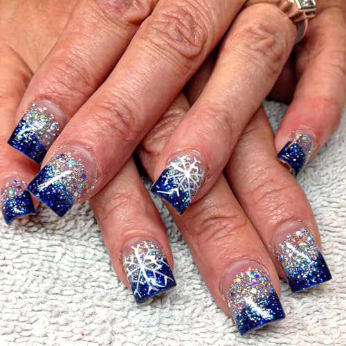 Christmas Press on Nails Square Fake Nails Snowflake Glitter Blue French Tip