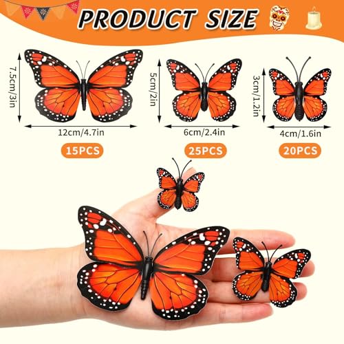 60Pcs 3D Monarch Butterfly Wall Decals - Magnetic Orange Butterfly Decor