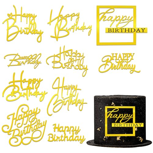 10 Gold Happy Birthday Acrylic Cake Toppers - 10 Unique Designs