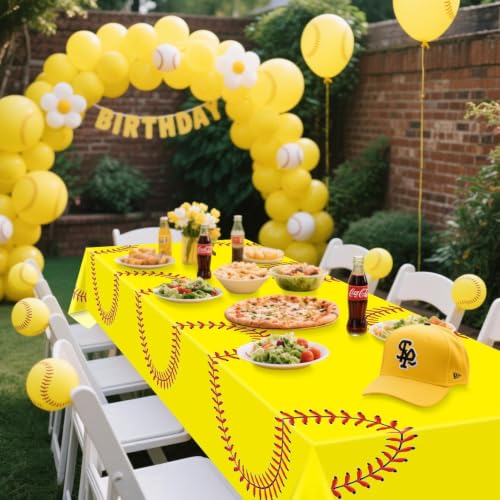 Yellow Softball Disposable Tablecloths, 4 Pack 51x86 in Sports Party Decor