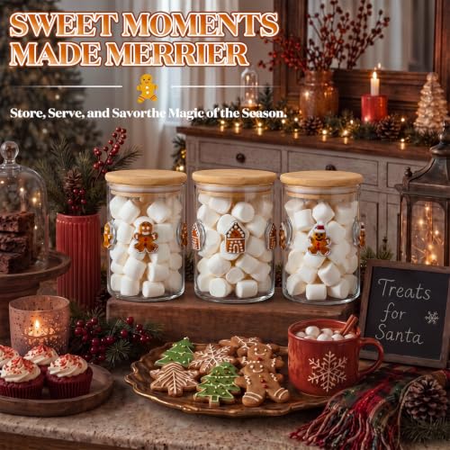 3pcs Christmas Icon Glass Storage Jars with Airtight Bamboo Lids - Gingerbread