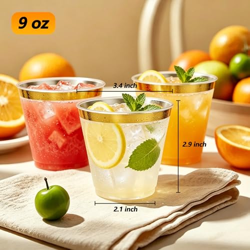 Gold Rimmed 9oz Plastic Cups - 20 Disposable Stemless Wine Glasses