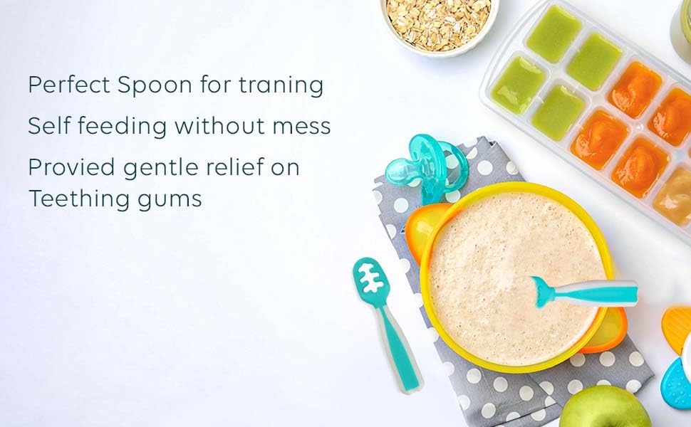 Skiennix Baby Spoons - Silicone Pre-Spoons for 6+ Months - Ideal for Baby Led Weaning | Set of 2 Teal/White