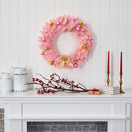Pink Artificial Christmas Wreath with Pre-Lit LEDs - 24 Inch Holiday Decor