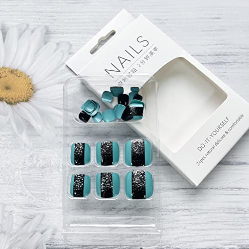 Short Press On Toenails Glossy Square False Toe Nails With Silver Glitter
