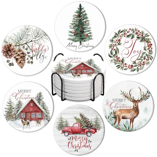 Christmas Ceramic Coasters Set with Holder - Watercolor Farmhouse Holiday Drink Mats