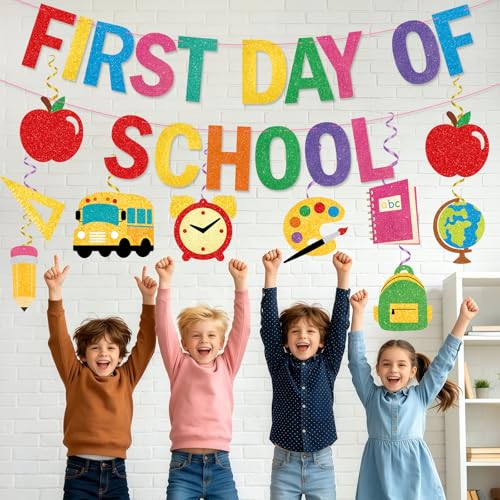 First Day of School Decorations Kit - Colorful Banner & Swirls | First.day