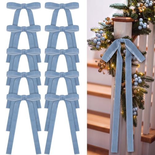 24 Pcs Velvet Christmas Tree Bow - Haze Blue, 9x13 Inch Decorative Holiday Gift Wrap