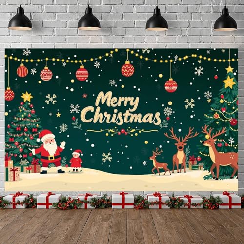 Merry Christmas Banner - Large 70.9x43.3in, Festive Xmas Decor with Santa & Reindeer