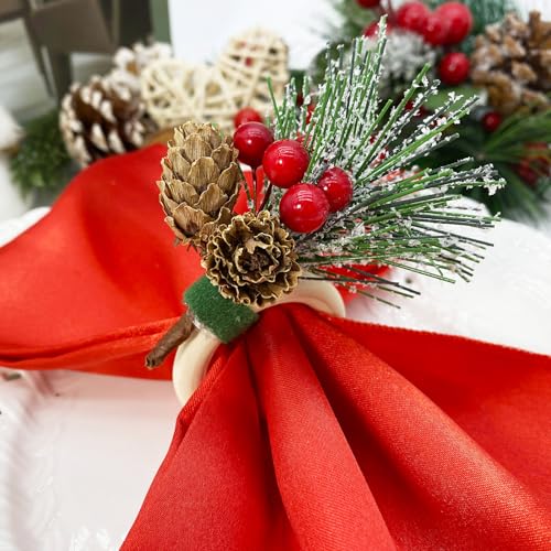 Christmas 16pcs Napkins & Rings Set Snowy Pine Cone Poinsettia Red Berry - Middle