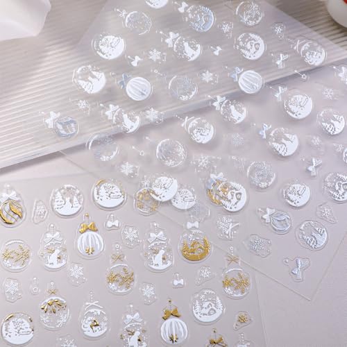 Christmas 5D Embossed Nail Stickers - 3 Sheets Winter Snowflake Decals