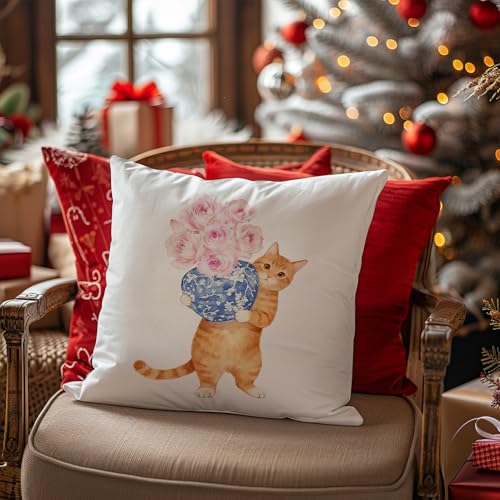 Exqcom Chinoiserie Orange Tabby Cat Flannel Throw Pillow Cover 18x18