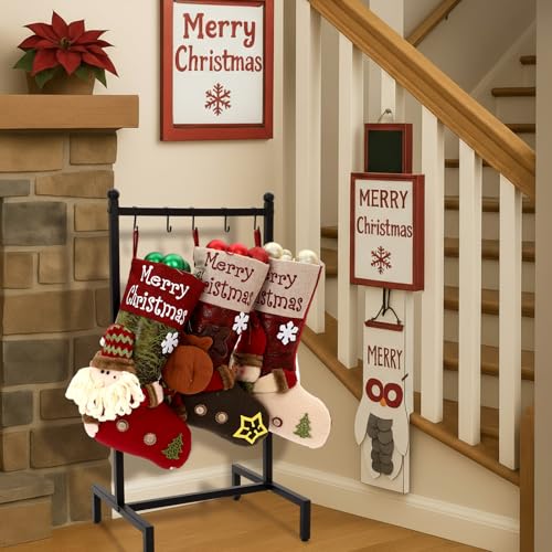 1 Tier Christmas Stocking Holder Stand with 5 Hooks Metal Rack for Fireplace Decor