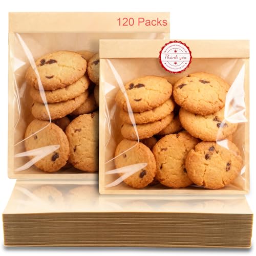 120 Pack Kraft Cookie Bags with Clear Window and Thank You Stickers
