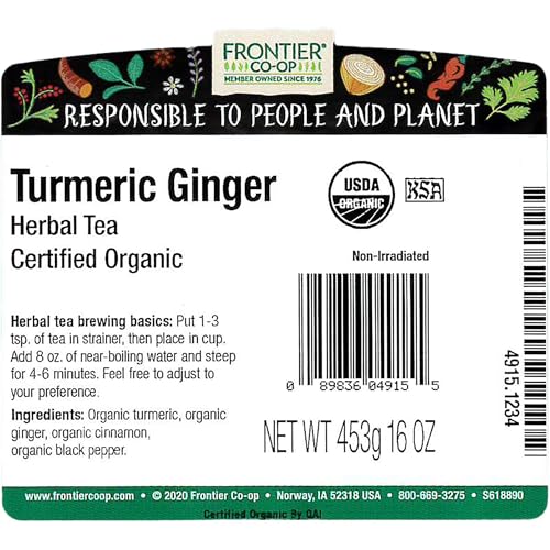 Frontier Co-op Organic Turmeric Ginger Blend, 1lb Bulk Bag ? Warming Tea Blend for Turmeric Ginger Tea, Smoothies, Cooking and Health Remedies, Kosher