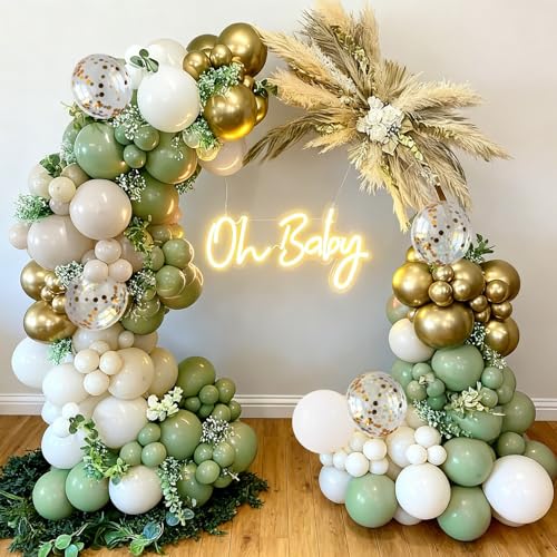 60pcs Sage Green and Gold Balloon Kit with Sand White Balloons for Party Decor - Includes Ribbons & Glue