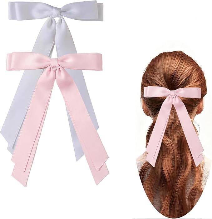 Dladhict 2PCS Satin Hair Bows for Women and Girls, White & Pink Ribbon Clips