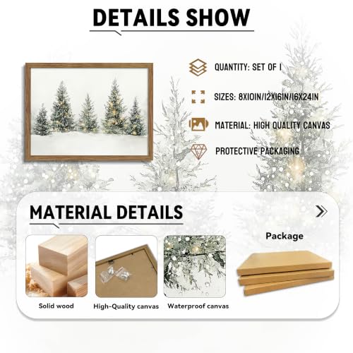 Pine Forest Christmas Wall Art - Framed Snowy Pine Tree Landscape, 16x12 Inch Neutral Farmhouse Decor