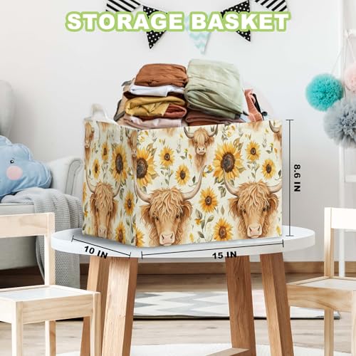Sunflower Highland Cow Storage Basket - Large Canvas Laundry Hamper