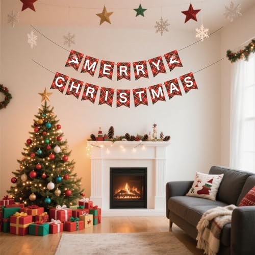 Pre-Strung Merry Christmas Banner - Red & Black Check Decoration