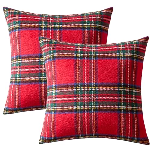 Christmas Plaid Decorative Euro Pillow Covers Set of 2 24x24 Inches - Red
