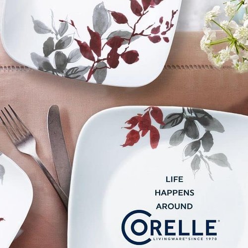 Corelle Kyoto Leaves Dinnerware Set - 16pc Service for 4 | Chip & Break Resistant, White