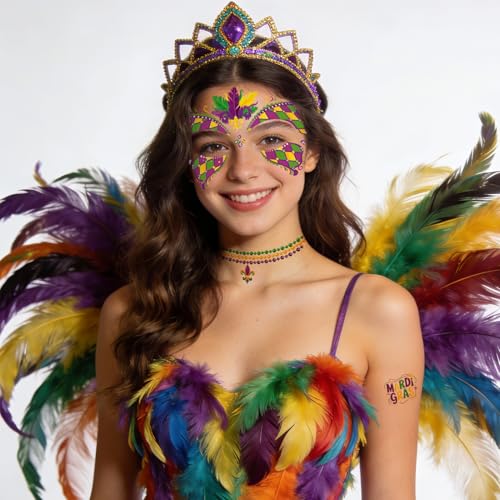 DPKOW 7-Piece Mardi Gras Accessories Set with Face Tattoos Beads Necklace and Gems