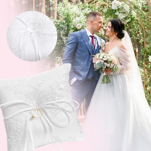 Elegant White Cotton Wedding Ring Bearer Pillow with Lace Trim