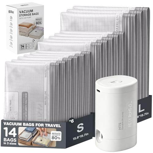 Hatisan Vacuum Seal Bags for Clothing with Electric Pump, 14pcs Checkered