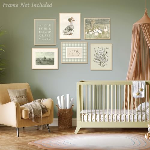 Sage Green Nursery Wall Art Set - 6Pcs Vintage Floral Animal Prints 8x10