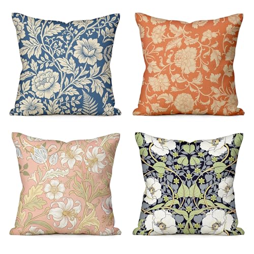 William Morris Floral Pillow Covers Set of 4 - 18x18 Inch Vintage Botanical Design
