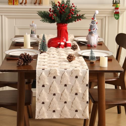 Beige Christmas Tree Table Runner 13x72 Inch Faux Fur Jacquard Seasonal Decor