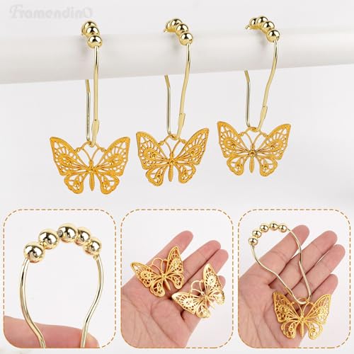 Framendino Gold Butterfly Shower Curtain Hooks - 12 Pack Stainless Steel