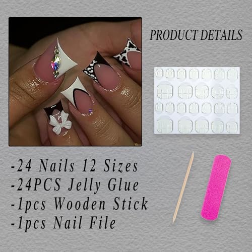 Black and White French Press on Nails Short Square with Rhinestones Bow