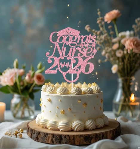 Congrats Nurse 2026 Cake Topper - Pink Glitter for Graduation